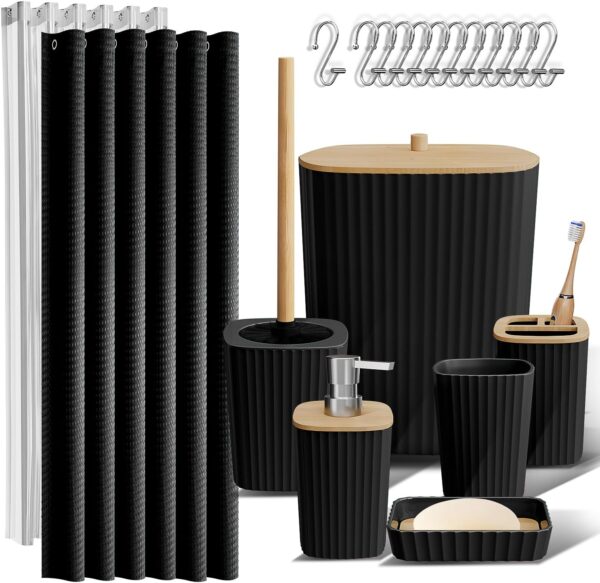 20-Piece Bathroom Accessories Set – Black Shower Curtain, Toilet Brush, Trash Can, Soap Dispenser
