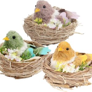 Set of 3 Sisal Bird Nest Decorations – Lifelike Birds with Flowers for Spring & Easter Decor