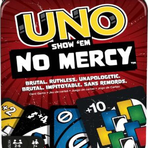 UNO Show ‘em No Mercy – Card Game in Tin for Kids, Adults & Family Night with Extra Cards & Tougher Rules