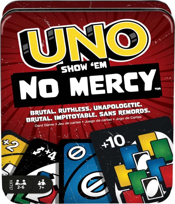 UNO Show ‘em No Mercy – Card Game in Tin for Kids, Adults & Family Night with Extra Cards & Tougher Rules