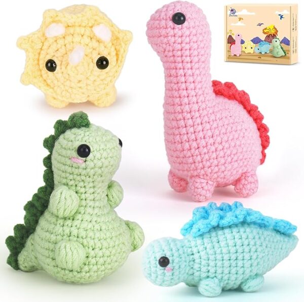 DIY Crochet Animal Kits Kids Knitting Supplies, 4 Pack Dinosaurs