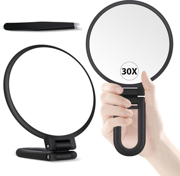 30X Hand Mirror, Double-Sided Foldable Makeup Mirror with Handle – Black