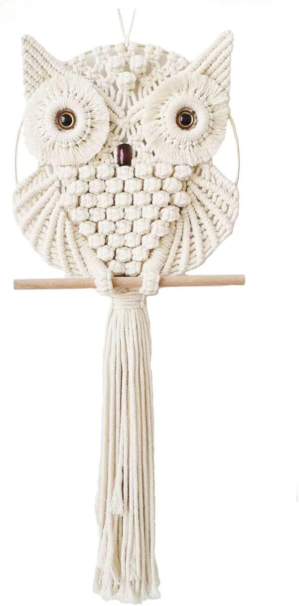 Owl Macrame Wall Hanging - Handwoven Boho Tapestry for Bedroom, Living Room, Nursery (Beige, Small)