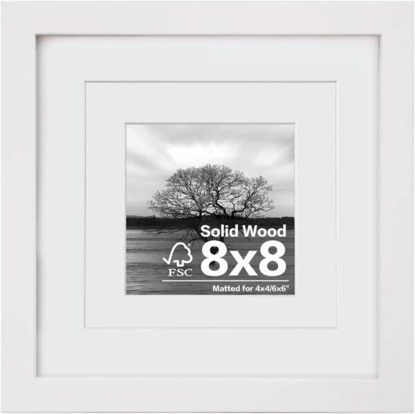 8x8 White Wooden Picture Frame - Plexiglass, Display 4x4/6x6 with Mat, Wall or Tabletop