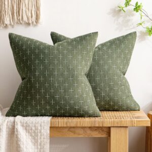 Vintage Burlap Pillow Covers 18x18, Set of 2 – Rustic Textured Farmhouse Cushion Cases, Olive Green