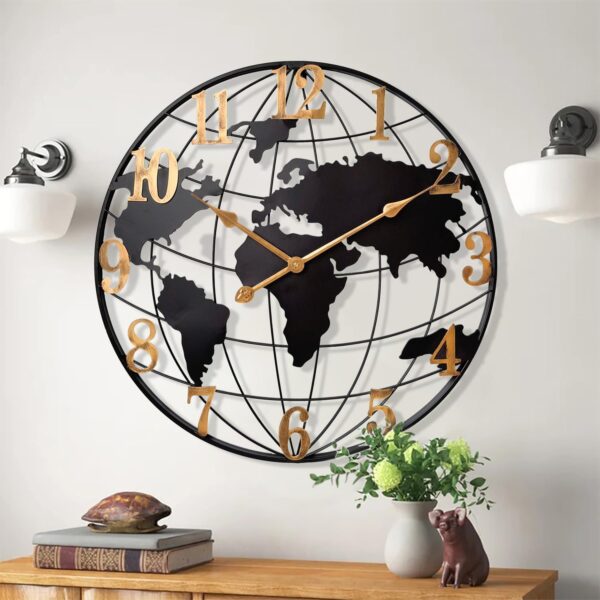 24" World Map Wall Clock – Modern Metal, Silent & Battery Operated