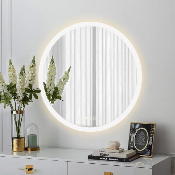 24" Round LED Bathroom Mirror, 3-Color, Dimmable, Memory, Backlit