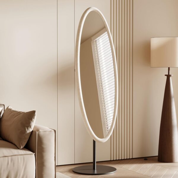 55" x 18.5" Oval Full Length Mirror with Black Stand – Flannel-Wrapped Frame
