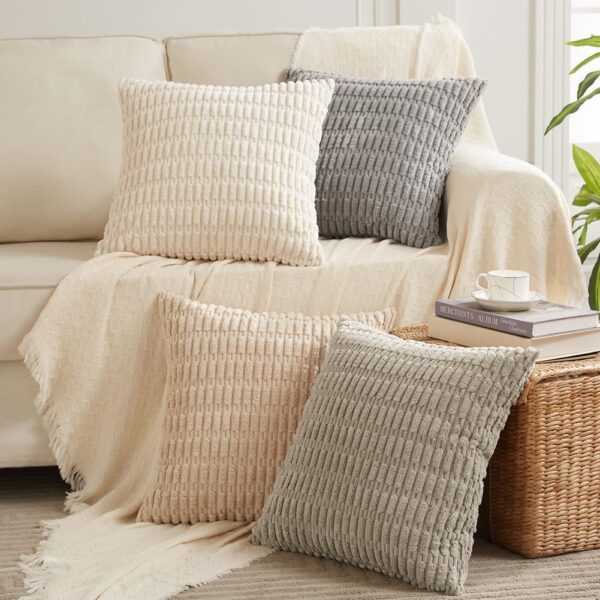 4-Pack Neutral Throw Pillow Covers - 18x18 Inch, Striped Corduroy for Living Room, Sofa, Rustic Farmhouse Boho Décor