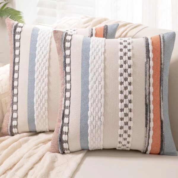 Boho Throw Pillow Covers 18x18, Set of 2 – Striped Chenille Farmhouse Cushion Cases, Orange-Blue