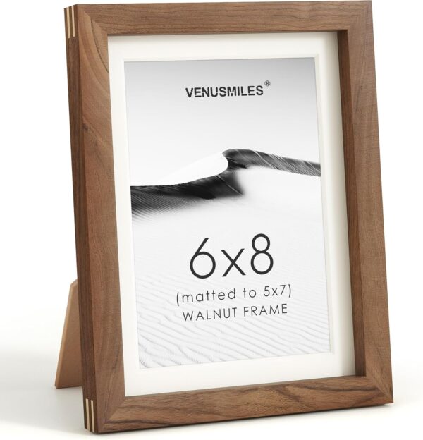 6x8 Walnut Picture Frame - Modern Wood Frame with Tempered Glass, Fits 5x7 with Mat