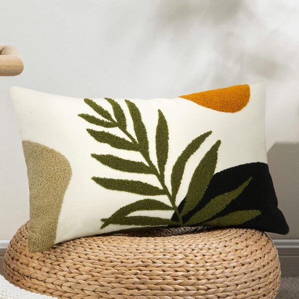 Boho Lumbar Pillow Cover 12x20 – Tufted Mid-Century Decorative Pillowcase, Green & Black (1PC)