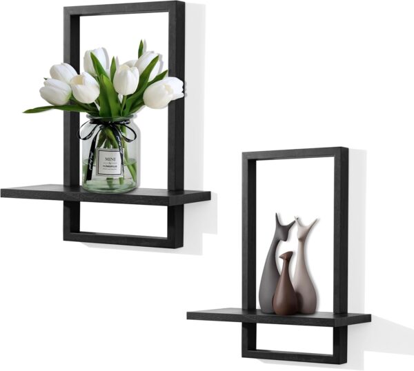 Set of 2 Square Floating Shelves - Black Framed Wood Plant Holders, Modern Chic Wall Décor for Living Room, Bedroom, Office