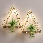Set of 2 Artificial Ivy LED-Strip Macramé Shelves - Wood Hanging Plant Décor for Bedroom, Bathroom, Living Room