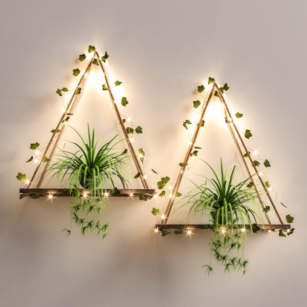 Set of 2 Artificial Ivy LED-Strip Macramé Shelves - Wood Hanging Plant Décor for Bedroom, Bathroom, Living Room