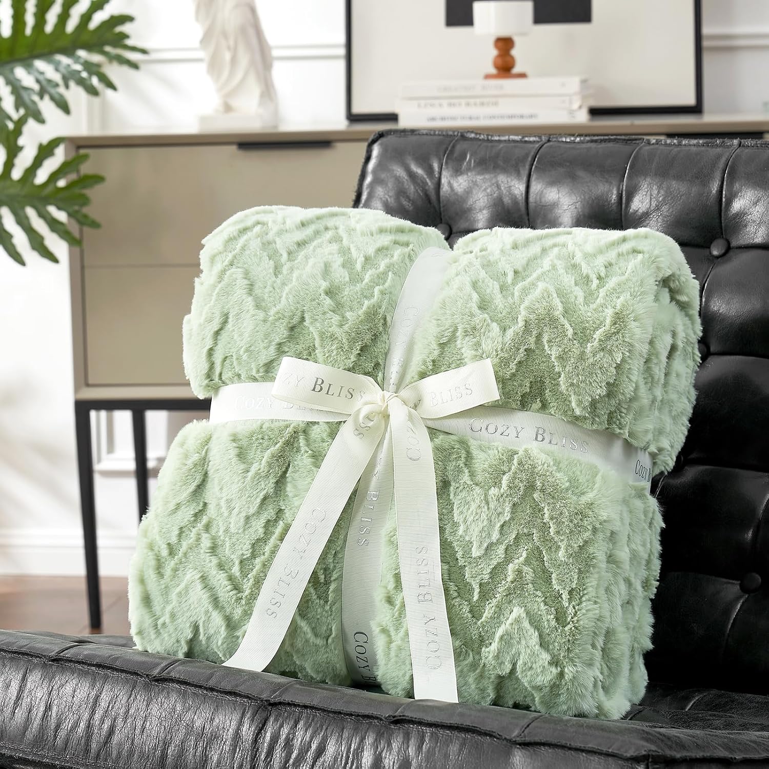 50"x60" Sage Green Faux Fur Throw – Ultra Soft & Fuzzy, Boho Style for Couch or Bed - Image 3