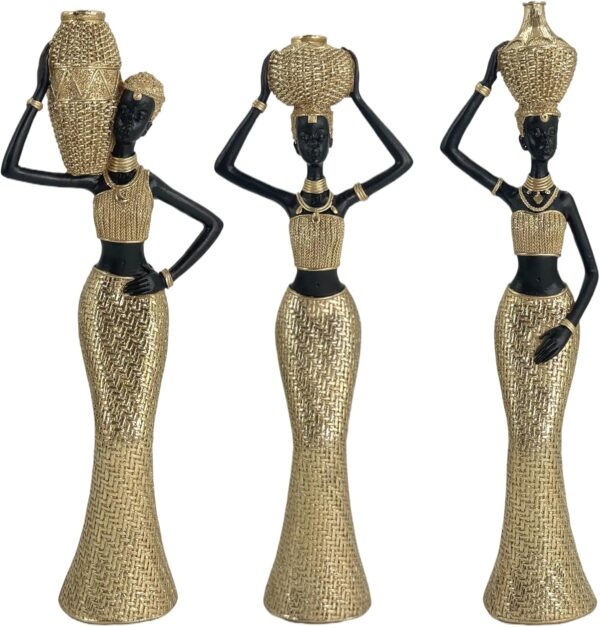 African Women Water Pot Trio – Set of 3 Golden Resin Sculptures for Home or Office Décor
