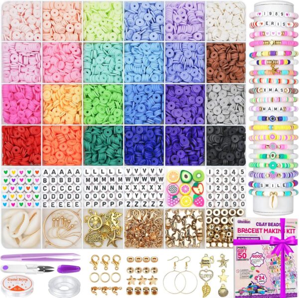 6000 Clay Beads Kit, 24 Colors Flat Beads with Charms for Jewelry Making and Gifts for Girls 6-12