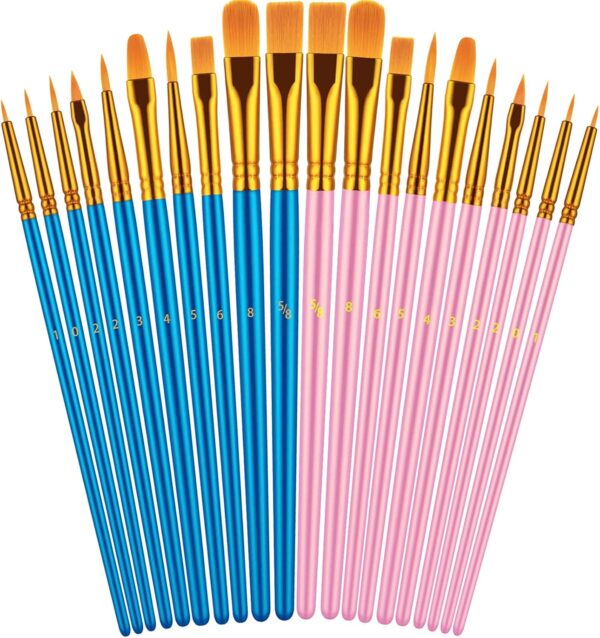 20-Piece Paint Brush Set – Acrylic, Oil, Watercolor Brushes for Kids & Adults, Blue+Pink