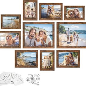 Set of 10 Picture Frames with 16 Mats - Rustic Brown, Glass, Hanging or Table Display, Includes Nails