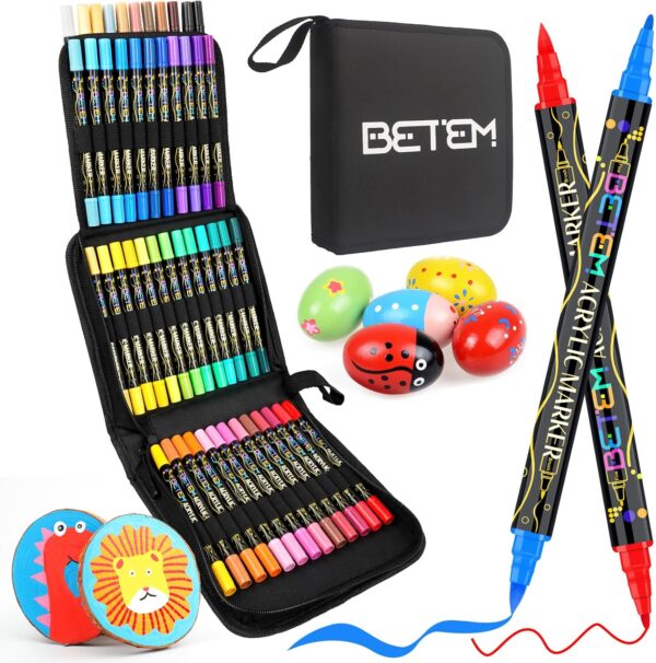 48-Color Dual Tip Acrylic Paint Markers with Bag – Brush & Fine Point for DIY Crafts, Wood, Canvas, Glass & More