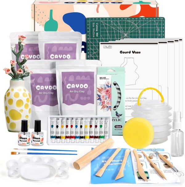 Air Dry Pottery Kit – 4.4 Lbs DIY Craft Set with Tools, Paints, Varnish & Guide for Beginners