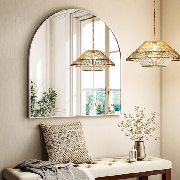 32" x 34" Arched Bathroom Mirror – Wall-Mounted Aluminum Frame, Silver
