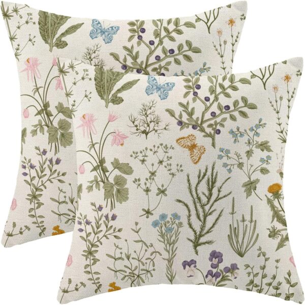 Spring Pillow Covers 18x18, Set of 2 – Sage Green Wildflower Linen Cushion Cases for Sofa, Couch, Bed