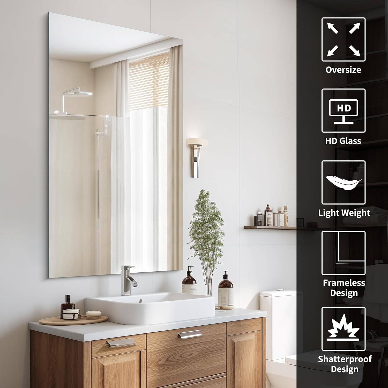 30" x 55" Frameless Bathroom Mirror – Shatterproof Rectangle with Polished Edge - Image 5