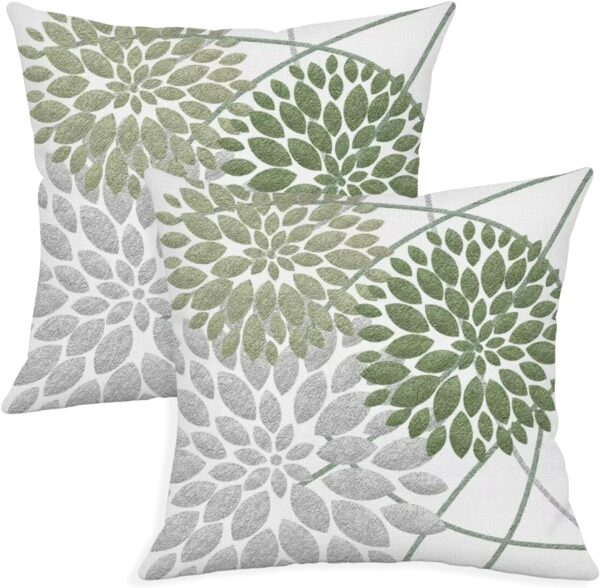 Set of 2 Green Dahlia Throw Pillow Covers - 18x18, Double-Sided Floral Farmhouse Décor for Sofa and Couch
