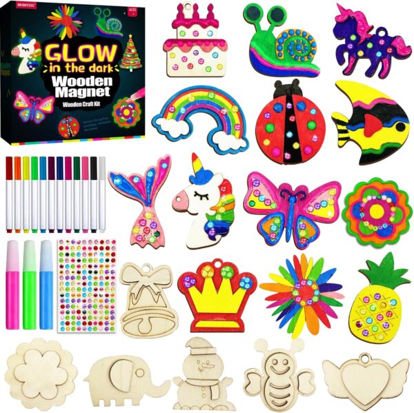 Wooden Magnets Painting Kit – Glow in the Dark Arts & Crafts for Kids Ages 4–12, Party Favors & Gift Activities