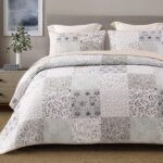 Boho Patchwork Quilt Set – 3-Piece Queen, Reversible Gray Floral Design