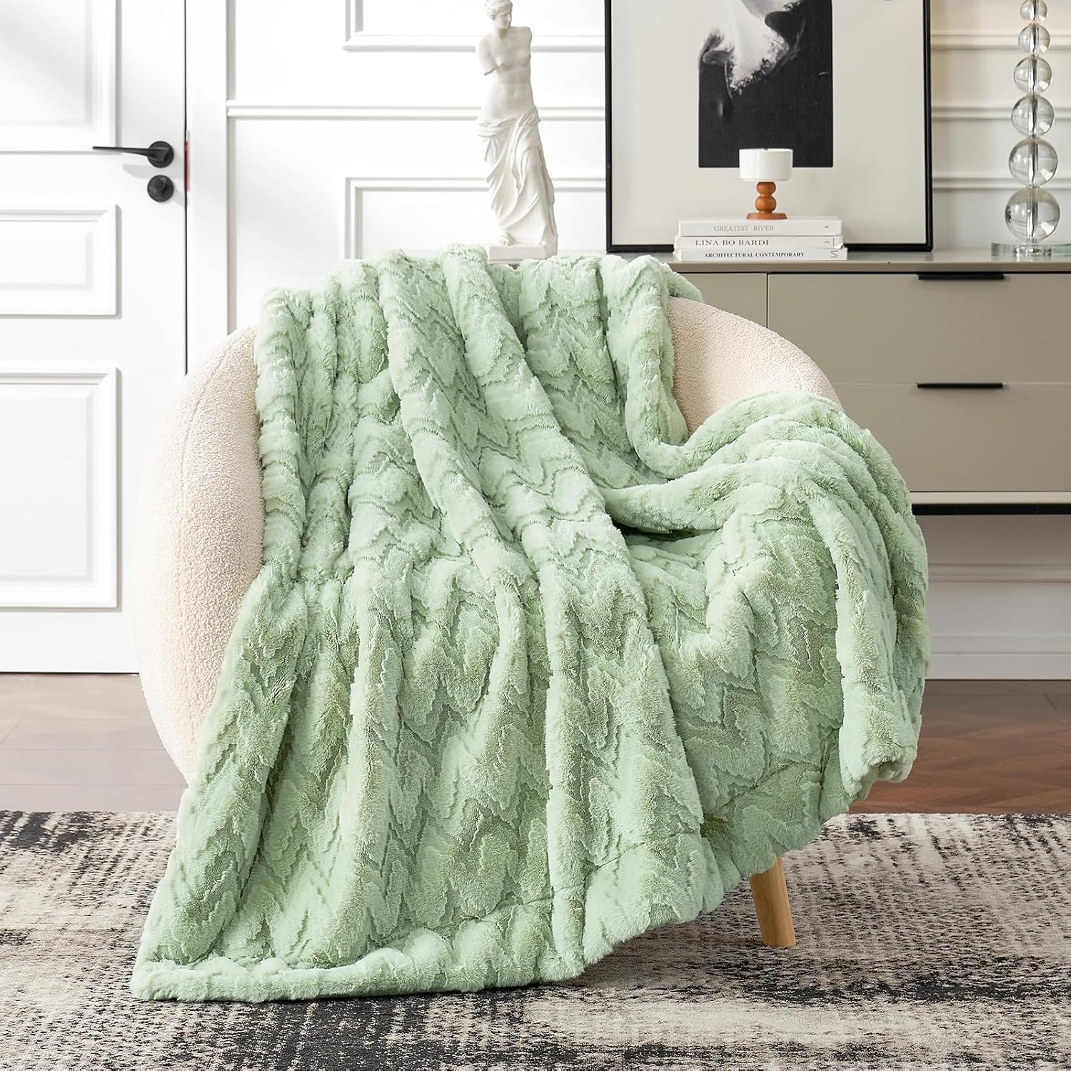 50"x60" Sage Green Faux Fur Throw – Ultra Soft & Fuzzy, Boho Style for Couch or Bed - Image 5