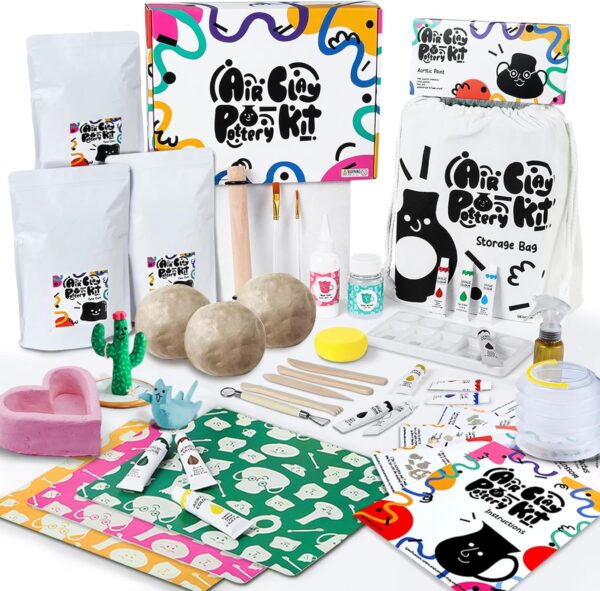 Air Dry Clay Pottery Kit for Beginners – DIY Sculpting Tools, 12 Paints & Guide