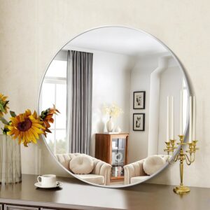 39" Silver Round Wall Mirror – Aluminum Frame, Large Bathroom or Entryway Mirror