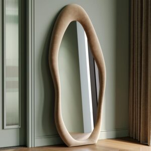 63" x 24" Wavy Full Length Mirror, Flannel-Wrapped Wooden Frame – Milk Tea