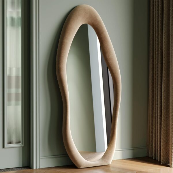 63" x 24" Wavy Full Length Mirror, Flannel-Wrapped Wooden Frame – Milk Tea