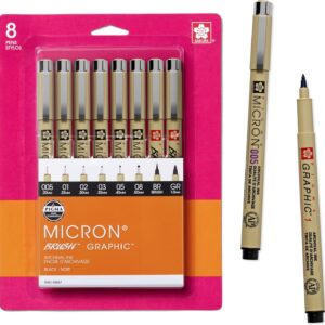 Pigma Micron Fineliner Pens, Archival Black Ink, Assorted Point Sizes, 8-Pack for Writing, Drawing, Journaling