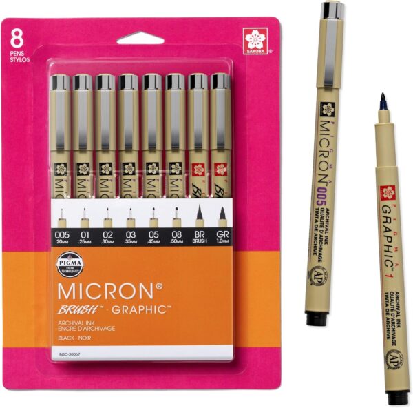 Pigma Micron Fineliner Pens, Archival Black Ink, Assorted Point Sizes, 8-Pack for Writing, Drawing, Journaling
