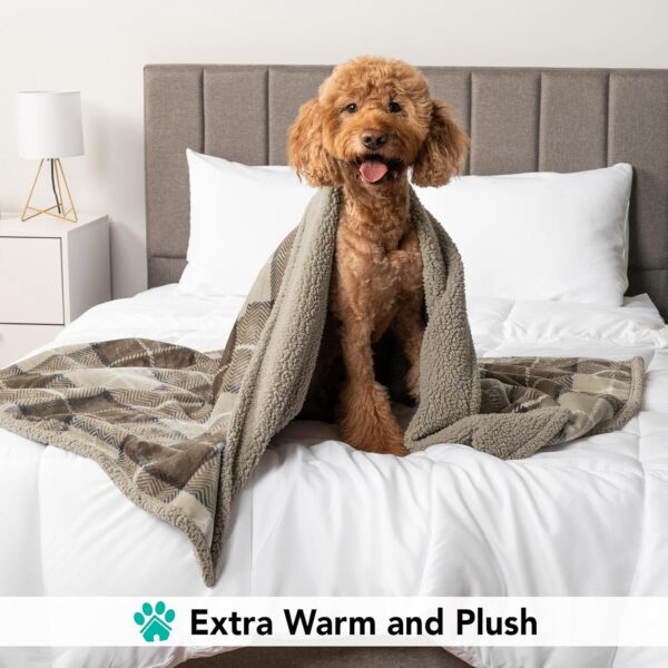 Plaid Sherpa Dog Blanket – 40"x60", Reversible & Washable, Taupe