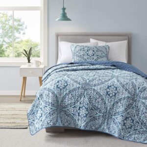 Gloria Damask Quilt Set – 2-Piece Twin/Twin XL, Aqua, Reversible with Vermicelli Stitching