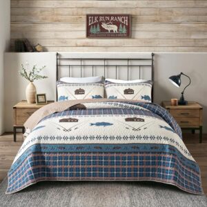 Fishing Quilt Set – Twin Size, Cabin Style with Sham, Blue Rustic Lakehouse Theme