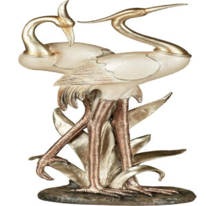 Double Crane Metallic Sculpture – Ivory, Gold & Copper Bird Figurine for Home Decor