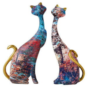 Colorful Cat Couple Sculptures – Set of 2 Resin Deco