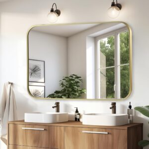 24" x 36" Brushed Gold Bathroom Mirror, Wall-Mounted Rectangle Vanity Mirror