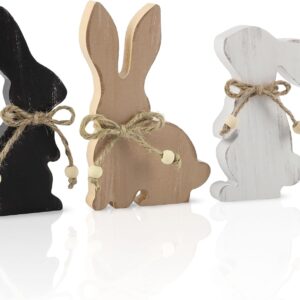 Set of 3 Rustic Wooden Bunny Blocks – Colorful Farmhouse Easter Decor for Home & Office