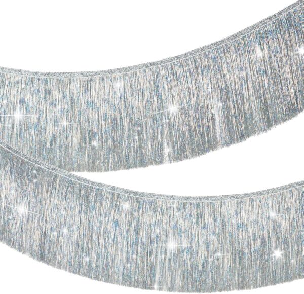 Silver Fringe Banner – 6.56ft Tinsel Backdrop for Bachelorette & Birthday Parties