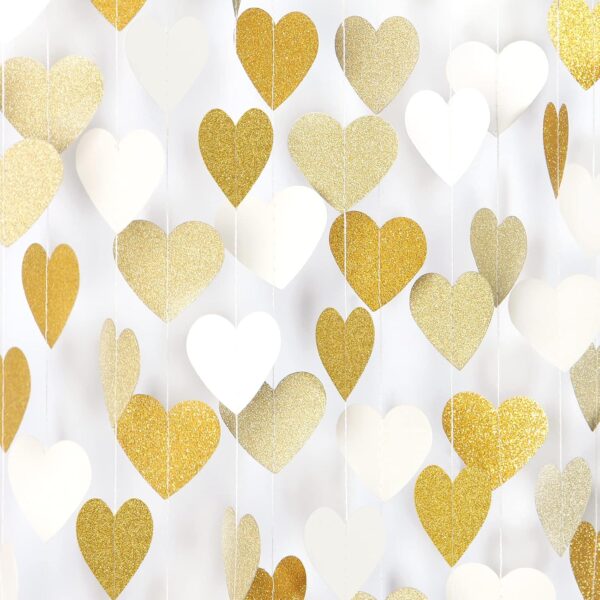 52ft White-Gold Champagne Heart Garland – Wedding, Baby Shower & Party Decor