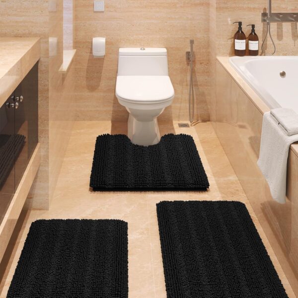 3-Piece Striped Black Bath Rug Set – Ultra Soft, Non-Slip, Absorbent Chenille Mats for Bathroom & More