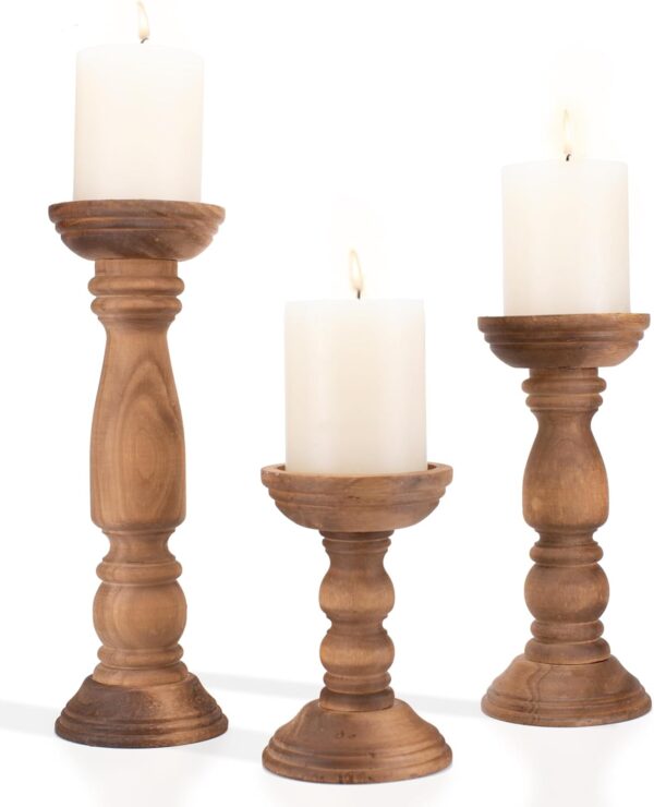 Set of 3 Wooden Candle Holders – Rustic Farmhouse Pillar Stands, 12", 9", 6" (Brown)